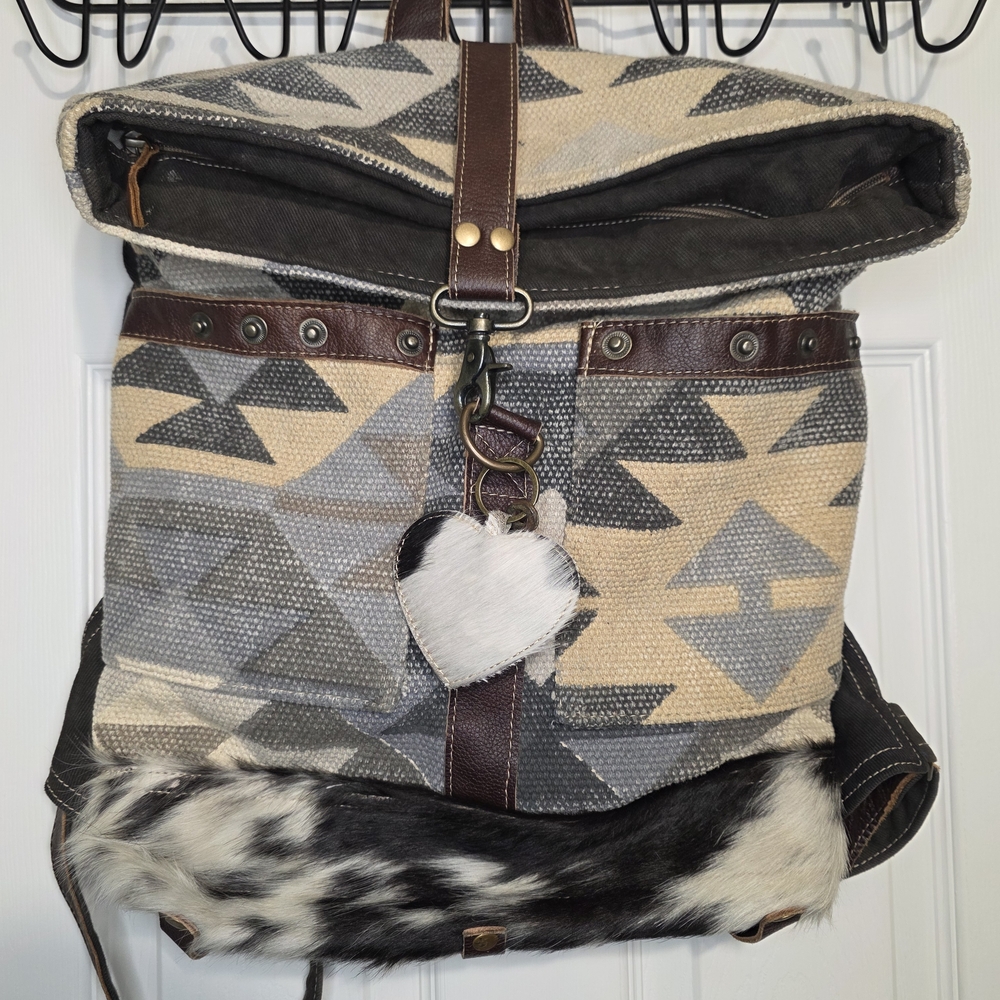 Myra Bag Canvas Leather Backpack Cowhide Accent + Heart Keychain Boho Western